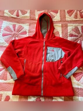 The North Face Youth 14/16 Red Hooded Fleece Jacket with Gray Accents